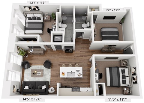 Floor plan for 3 beds, 2 baths, 887 sqft